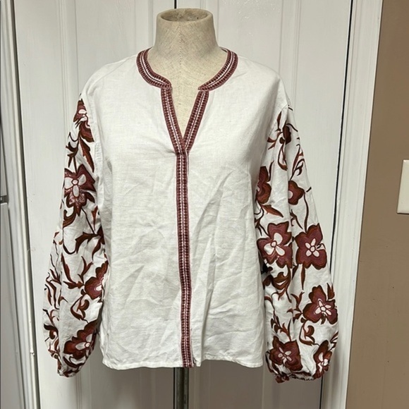 Embroidered White and Brown Women's Top - Picture 1 of 6